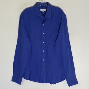 Teddy Stratford Shirt Mens XL Blue Linen Long Sleeve Button Up Hidden Zip Casual